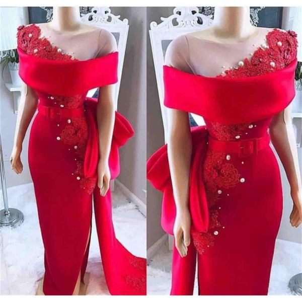 

2021 new elegant saudi arabic red evening es sheer neck bow train pearls party satin split african formal prom gowns 7hk2, Black;red