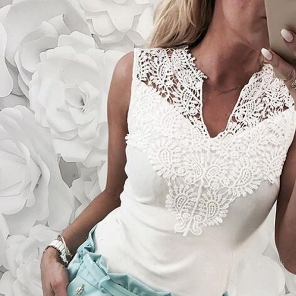 

2021 new blouse women summer white solid lace chiffon blouses women casual v neck sleeveless vest womens and
