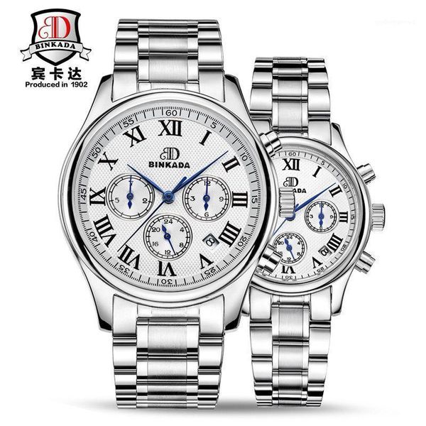 

genuine binkada watch men's automatic mechanical couple a pair of waterproof female hollow roman wristwatches, Slivery;brown