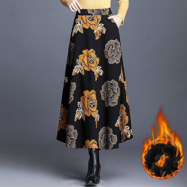 

winter mother waist of thick women's wool printed skirts flower ladies skirt y31 sa9v, Black