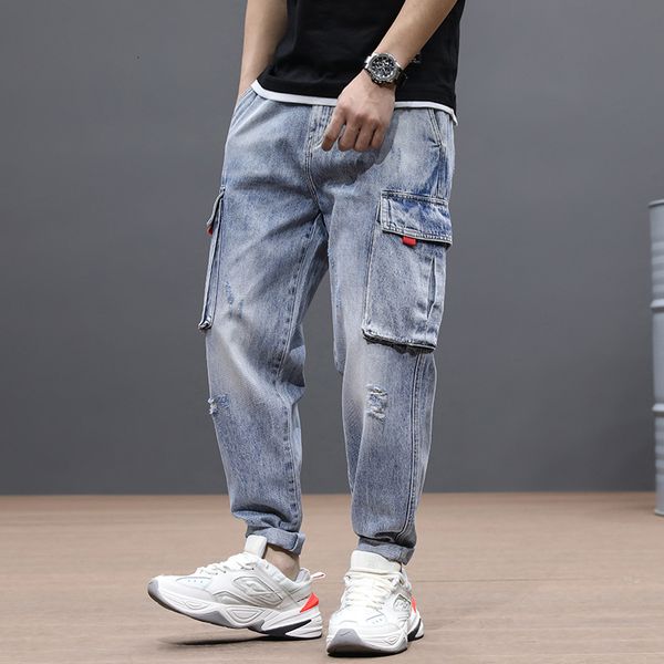 

2021 new japanese style fashion loose fit light blue denim harem pants big pocket vintage designer wide leg hip hop jeans men vm2x