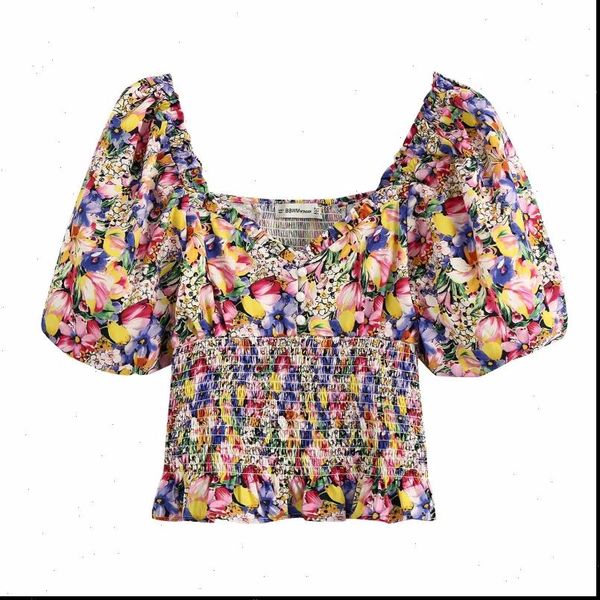 

2021 new women fashion colorful floral printing casual slim blouse female puff sleeve elastic blusas leisure chemise ls6543, White