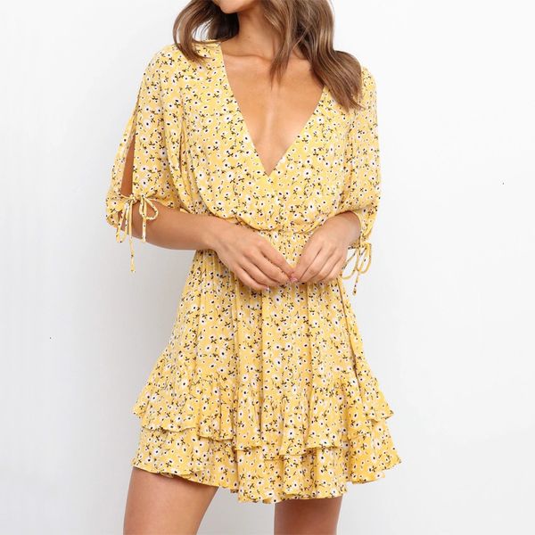 

2021 new floral ruffle short sleeve women deep v neck summer es ladies waist line party vestido cqnb, Black;gray