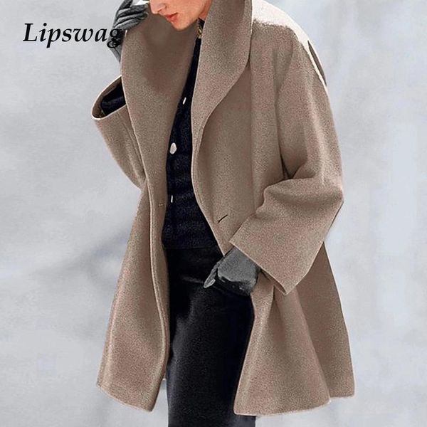

vintage single button hooded wool coats women autumn winter casual solid color cardigan ladies long sleeve pockets outwear, Black