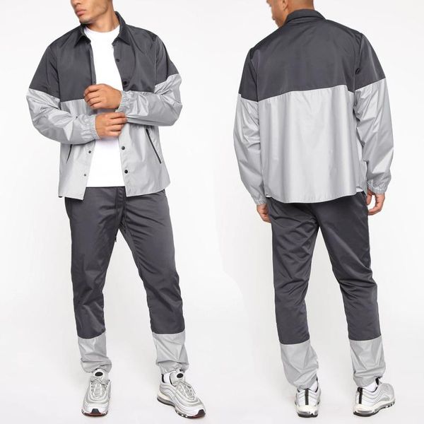 

men's autumn winter upset jacket pocket patchwork pants sets sports suit tracksuit suit sports two piece set casual, Gray