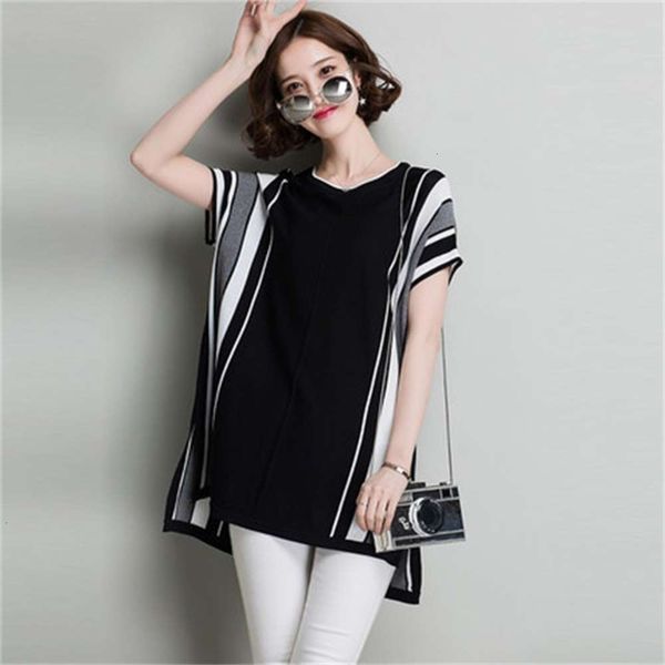

summer new striped loose ice silk knitwear medium length short women's half sleeve t-shirt, White
