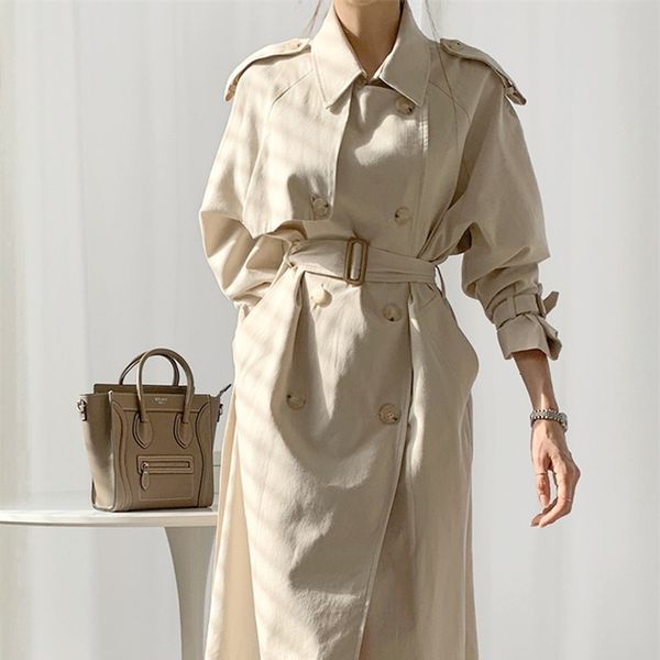 

2021 new autumn winter women's windbreaker elegant buttons vintage oversize lace up office long trench jk1311 aw5n, Tan;black