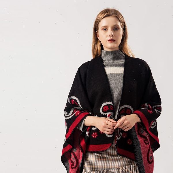 

2021 winter imitation cashmere monochrome triangle needle shawl womens european and american classic cashew flower fashion cape, White;black