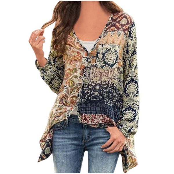 

z40 bohemia women blouse fashion v neck long sleeve print womens and blouses loose plus size women blusas, White