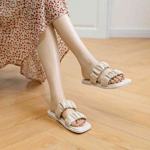 

large size cross-border 43 sandals womens summer pleated soft leather flat bottom rivet fashion shoes slippers, Black