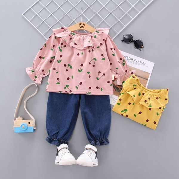 

suit new autumn girls' long sleeve printed cherry children's wear, White