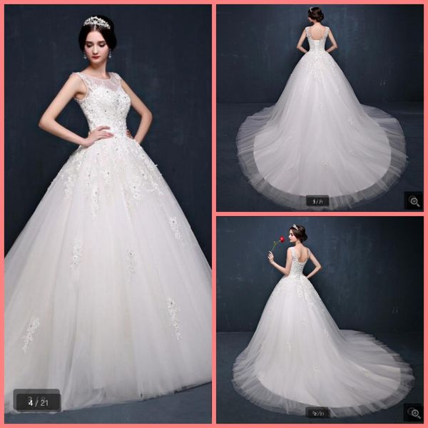 

2021 vestido de noiva white tulle ball gown wedding dress beaded cap sleeve lace appliques sheer back bride dress court train dress