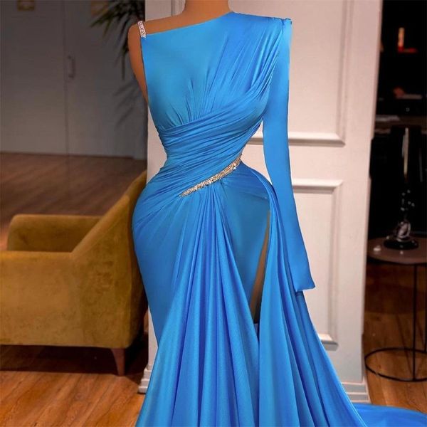 

2021 blue mermaid evening dresses pleats satin prom gowns side split beading sweep train party wear, Black;red
