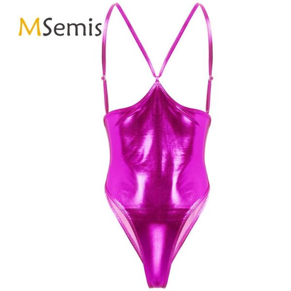 

womens leotard bodysuit shiny metallic lingerie adjustable shoulder straps bare breast low back high-cut thong nightwear