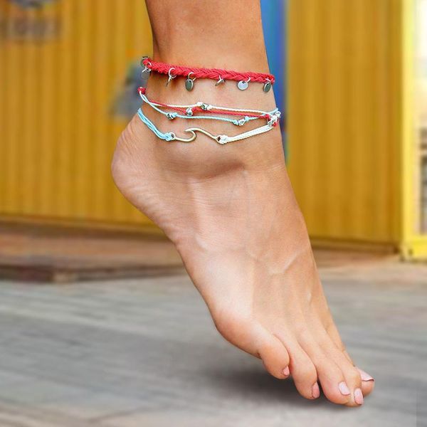 

anklets 3pcs/set bohemian wave set for women vintage handmade anklet bracelet on leg beach ocean jewelry, Red;blue