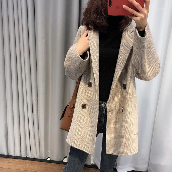 

women's wool & blends little bi closed type cocoon show thin female plaid double-sided with thick cloth coat, Black