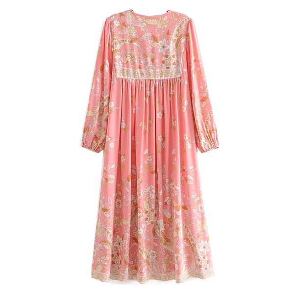 

boho lacing up v neck location pteris flower print long dress pink ethnic womantassel strappy long sleeve holiday dresses beach, Red