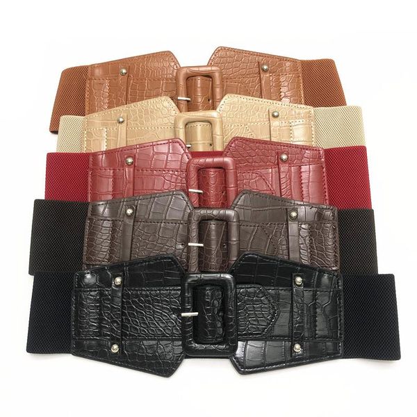 

belts 2021 women wide belt buckle pin plus size female alligator pattern pu leather elastic dress coat waist corset strap, Black;brown