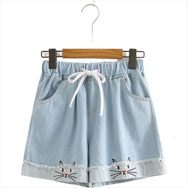 

cartoon cat embroidery denim womens jeans shorts hight waist cotton casual femme short elastic wais summer clothing, Blue