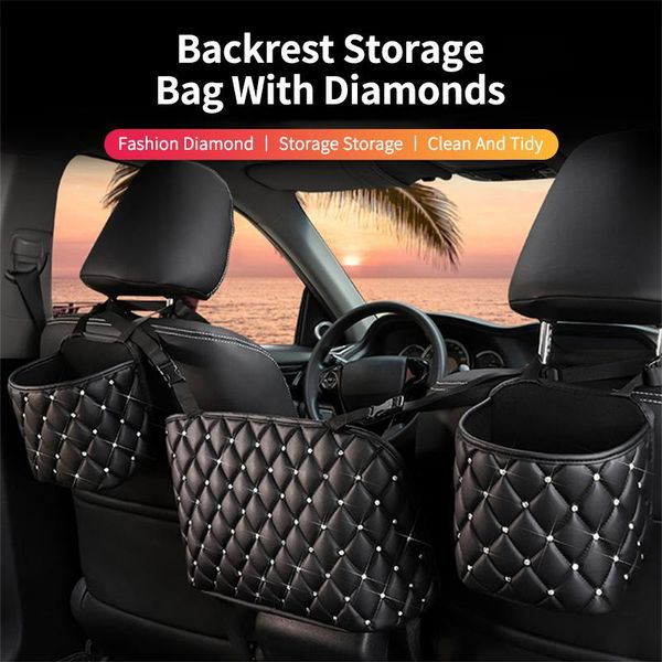 

car organizer crystal rhinestone pu leather rear seat back storage bag auto stowing tidying interior accessories trunk