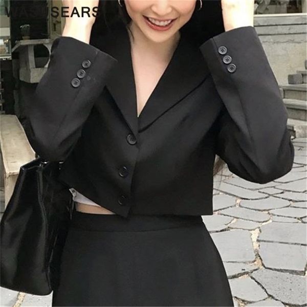 

short blazer women korean long sleeve vintage s buttons notched neck crop casual streetwear 211019, White;black