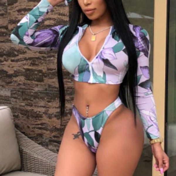 

swimsuit, bikini zipper long sleeve printing swimsuit tight floral pieces, White;black