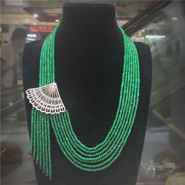 

chains sell natural green stone micro inlay zircon clasp tassel necklace long sweater chain fashion jewelry, Silver