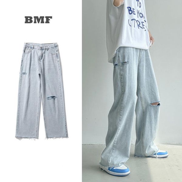 

men's jeans korean style loose light blue casual ripped hip hop straight-leg denim pants kpop couple hole cargo trousers men women