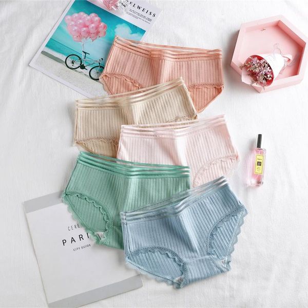 

women's panties threaded cotton vertical stripe lace hollow low-rise solid color triangle shorts, Black;pink