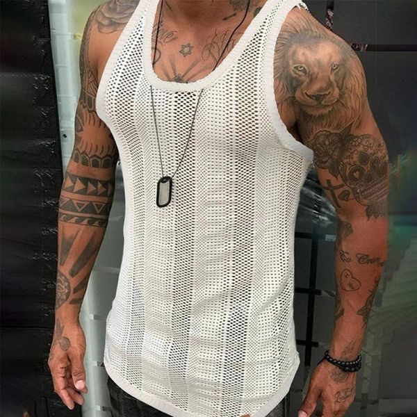 

men' tank men vests will see sleeveless shirts gym clothes stripped casual sports fitness mesh thin tanks fit bodybuilding, White;black