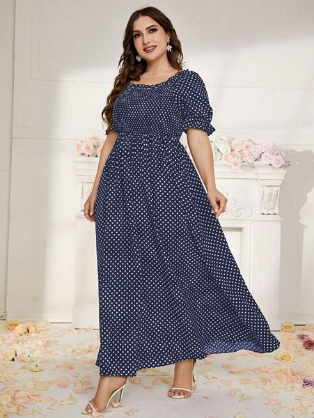 

plus polka dot frill trim flounce sleeve dress a66g#, Black