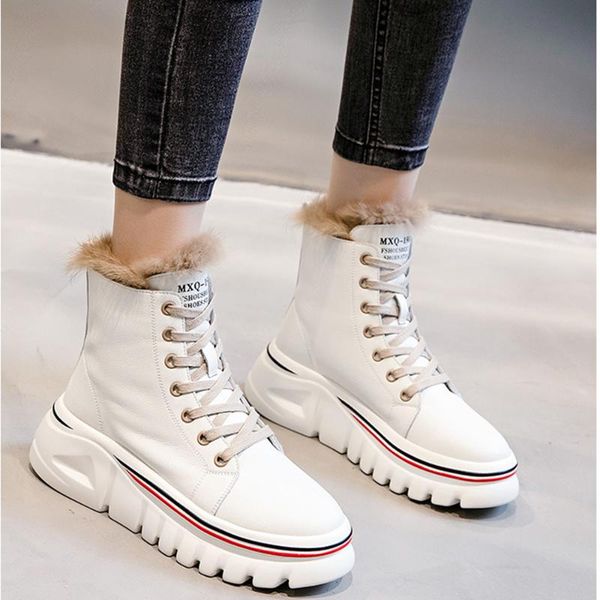 

boots real fur leather women winter 2021 mid-tube short plus velvet platform casual women's shoe, Black