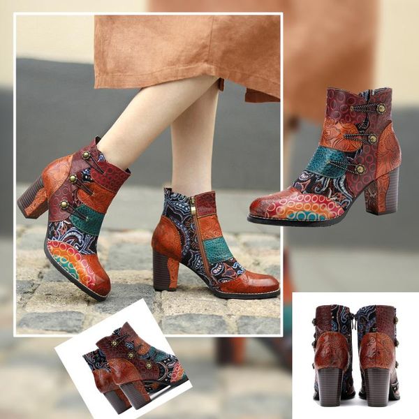 

boots autumn and winter snake print color matching ethnic style women's leather women mid-heel 35-43, Black