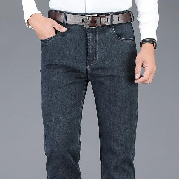 

men's jeans autumn winter solid color casual men stretch business office trousers black gray classic style male straight denim pants, Blue