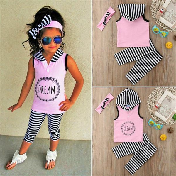 

newborn baby girls clothes stripe hooded t shirt pants headband outfits set, White