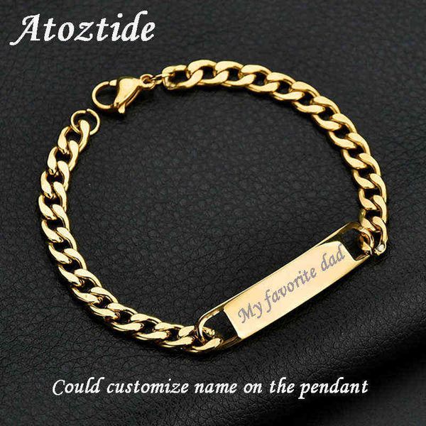 

atoztide customized words bar chain bracelet men stainless steel engraving letter name silver color adjustable buckle bangle, Golden;silver