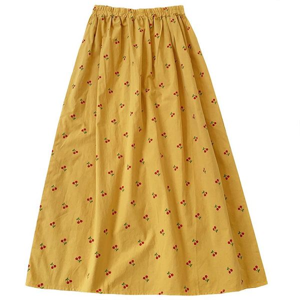 

skirts sweet cherry print summer elastic high waist loose pleated all-match skirt, Black