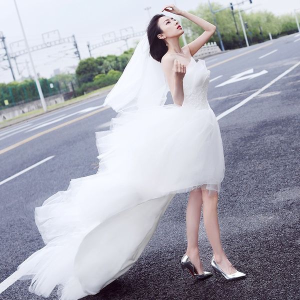 

elegant 2021 new strapless low asymmetrical short front long back bridal gown wedding es qfcd, White