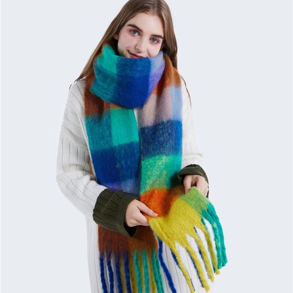 

scarves women plaid scarf winter pashmina shawls cashmere thick wraps lady tassel warm fringe long rainbow bufanda mujer, Blue;gray
