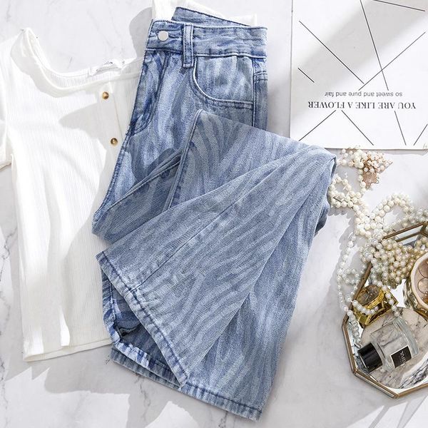 

women's jeans spring autumn women straight plaid classic all-match fashion daily streetwear loose high waist korean style denim pants, Blue
