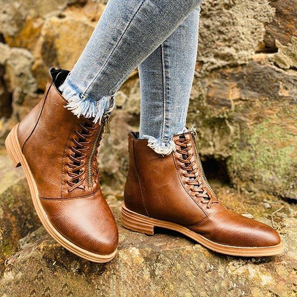 

boots women retro ankle ladies cross tie zipper female chunky heels casual comfortable woman short boot, Black