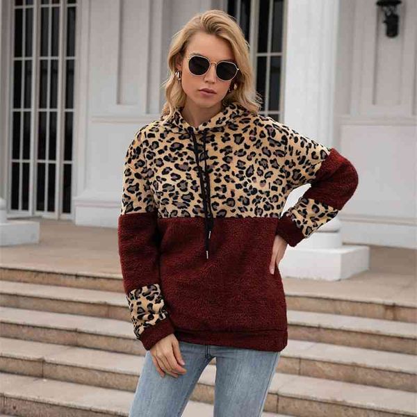 

2021 new women's long sleeve splicing pullover hooded loose plush sweater, Black