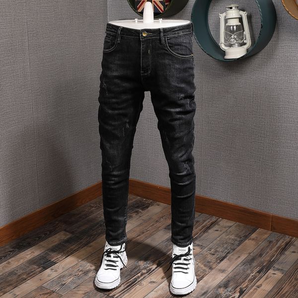 

2021 new korean style fashion men jeans black color slim fit elastic ripped denim pencil pants streetwear vintage designer trousers sv96, Blue
