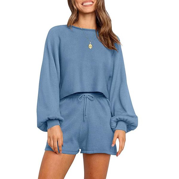 

women's tracksuits casual long sleeve solid color knit pullover sweatsuit 2 piece short sweater outfits sets, Gray