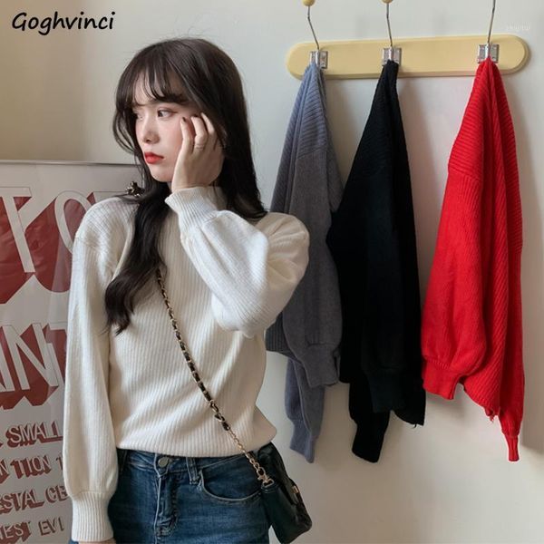 

women pullovers half-turtleneck solid sweaters casual slim temperament all-match ulzzang korean style stylish knitted outwear women's, White;black