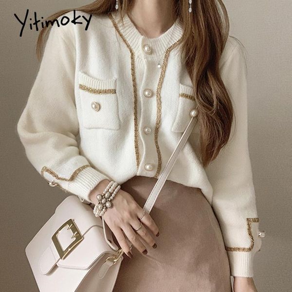 

women's knits & tees yitimoky vintage woman cardigan sweater 2021 autumn winter fashion pearl single breasted v-neck long sleeve casual, White