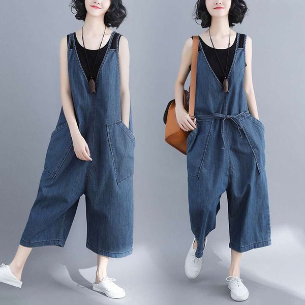

summer literature and art large fat mm cowboy suspender wide leg pants, Blue