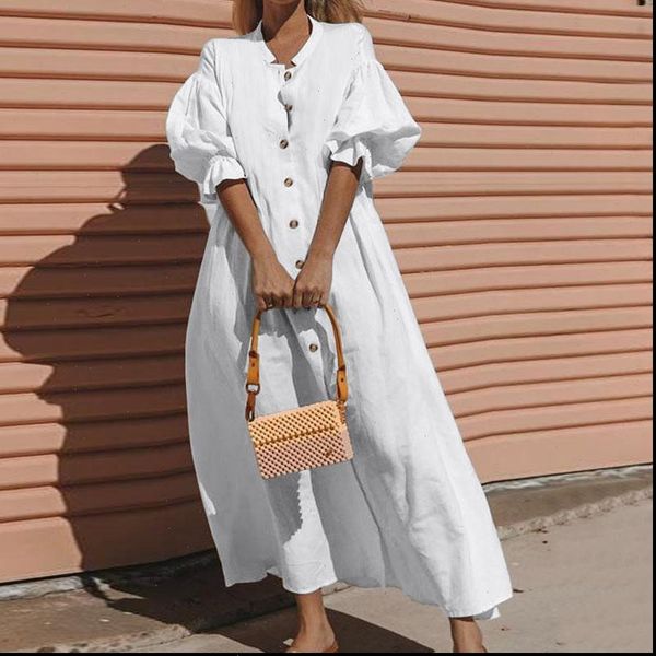 

women summer cotton white loose maxi dress 2021 vintage half lantern sleeve button oversized solid big hem long dress, Black;gray