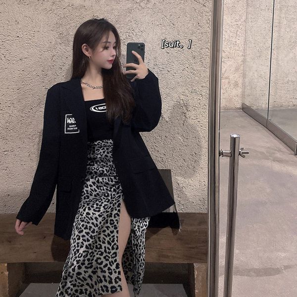 

women's suit] leopard division jacket print skirt suspend autumn 2021 new two-piece suit fashion 6xby, Black;gray