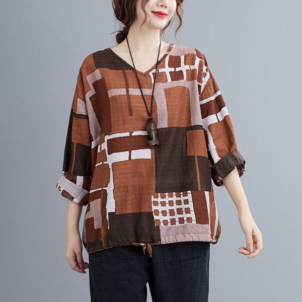 

women's t-shirt women cotton linen long sleeve t-shirts 2021 spring simple style vintage v-neck print loose female casual tees s3194, White